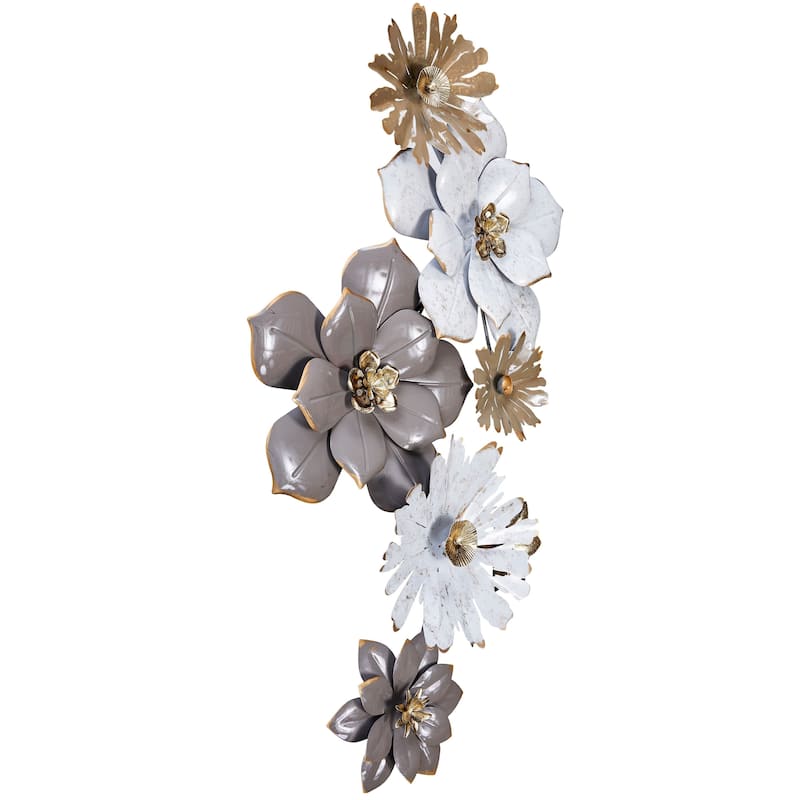 Floral Metal Wall Art Vertical White Gold 3D Flower Accent 36"x19"