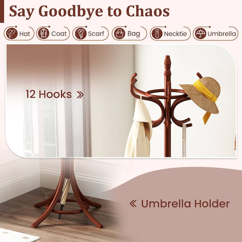 Brown Freestanding Wooden Coat Rack with Umbrella Stand and 12 Hook Organizer for Hallway or Bedroom
