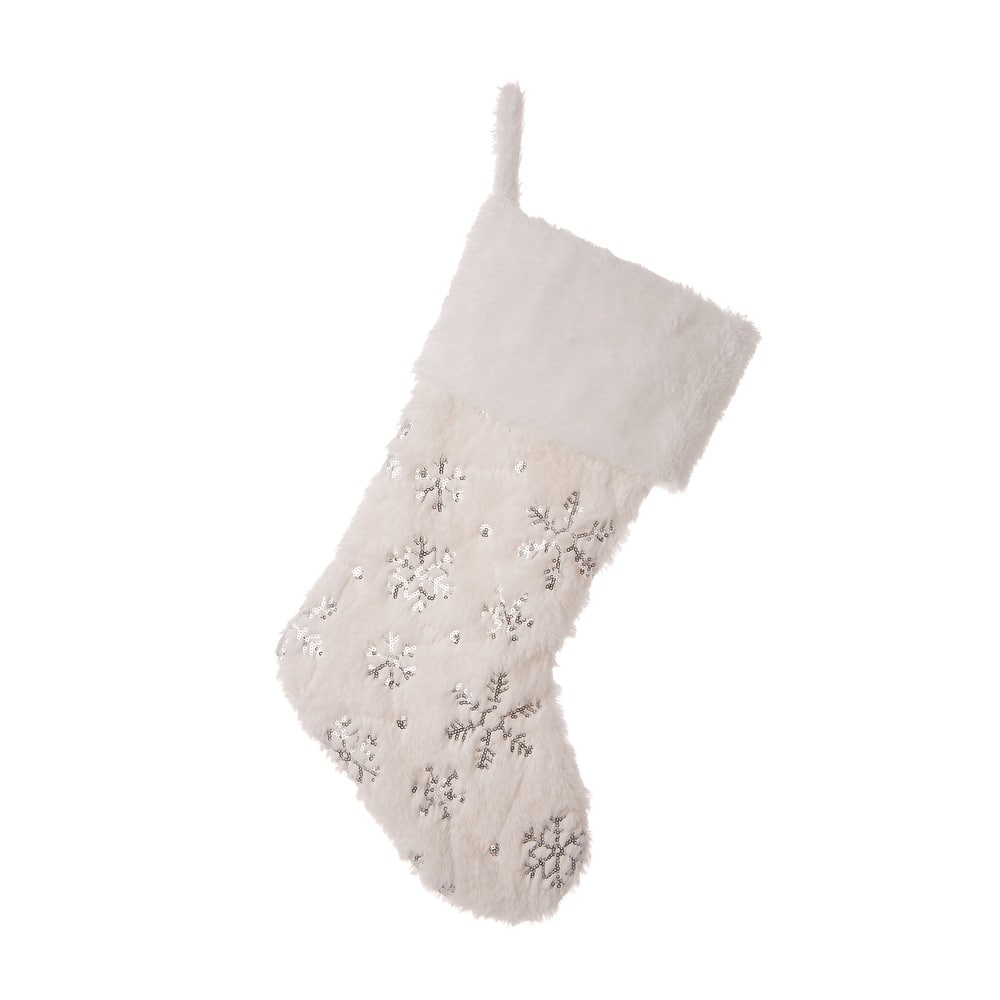Glitzhome White Plush with Snowflake Christmas Stocking - 21"L