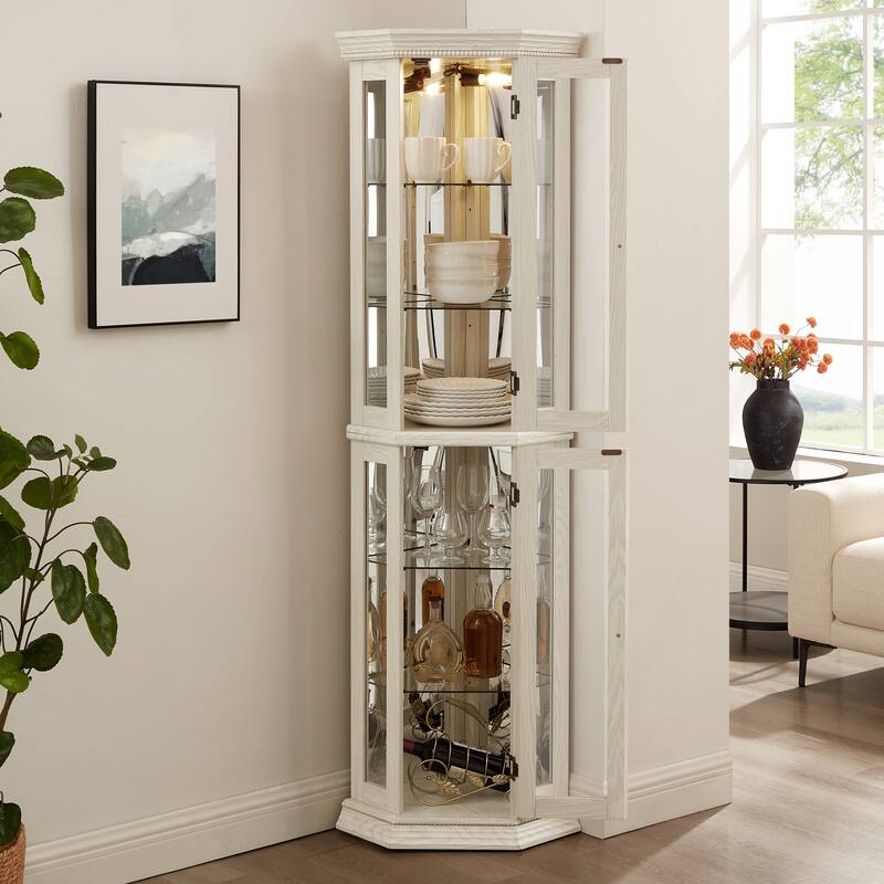 Lighted Corner Curio Cabinet - Glass Display Shelf with Tempered Glass Doors, Adjustable Shelving, and Included Bead Bulb