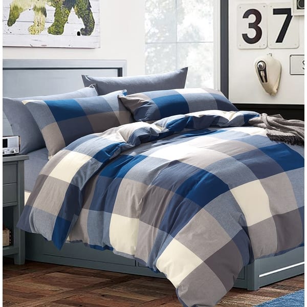 Cotton Plaid Windowpane Check 3-piece Duvet Cover Set - Buffalo Royal Blue - King