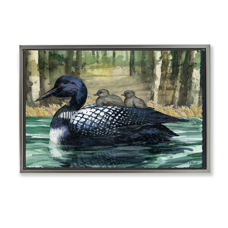 Stupell Loon Family on Lake Framed Floater Canvas Wall Art Design By Paul Brent - 25 x 17 - Grey