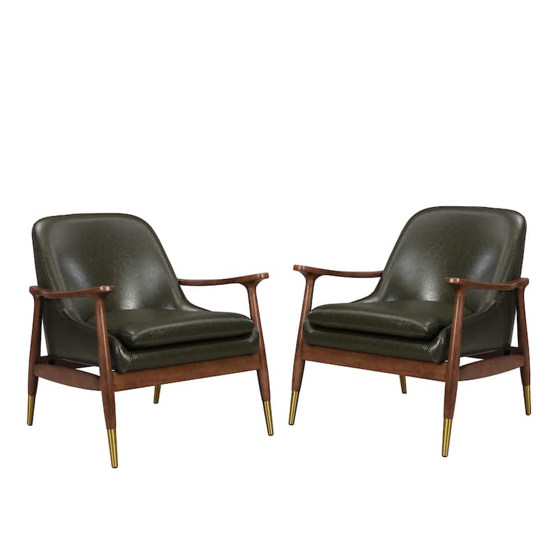 Faux Leather Mid-Century Accent Chairs (Set of 2) with Cushioned Seats, Solid Wood Frames, and Brass-Tipped Legs