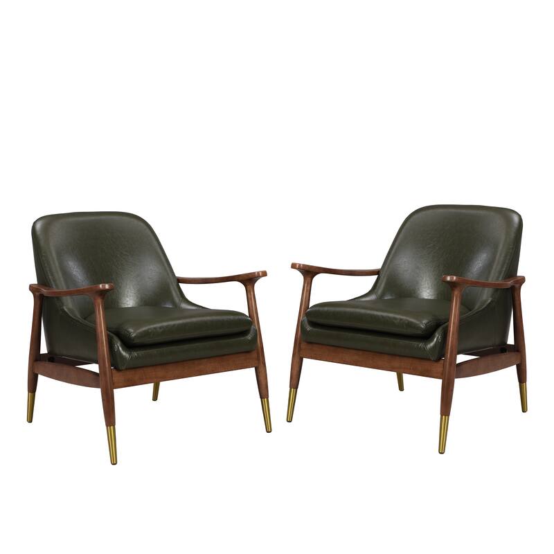 Roomfitters Mid-Century Faux Leather Accent Chair with Cushioned Seat, Solid Wood Frame and Brass-Tipped Legs