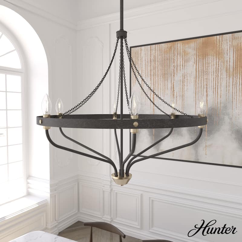 Hunter Merlin Geometric Metal Chandelier - Foyer, Dining Room, Living Room - Industrial, Contemporary - 25" 6 Light - Rustic Iron-Alturas Gold