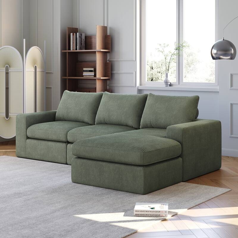 Roomfitters Modern 3-Seater Corduroy Cloud Sectional Sofa with Chaise, L-Shaped Boneless Couch with Pillows