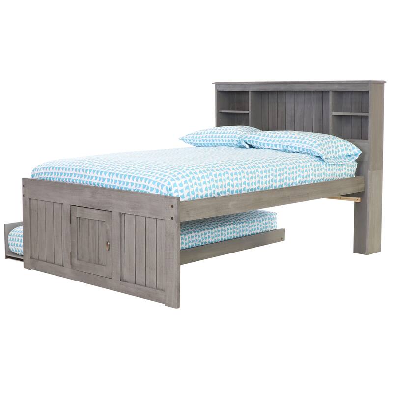 OS Home and Office Furniture Solid Pine Full Captains Bookcase Bed with 3 drawers and a Twin Sized Trundle in Charcoal Gray