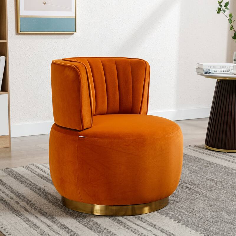 A round armchair with a 360 degree rotating bucket width cushion