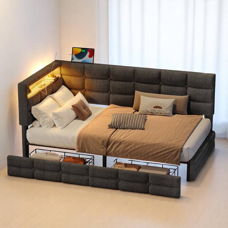 Modern Twin Daybed with Built-in Charging Station, LED Headboard Lights, and Storage Drawers
