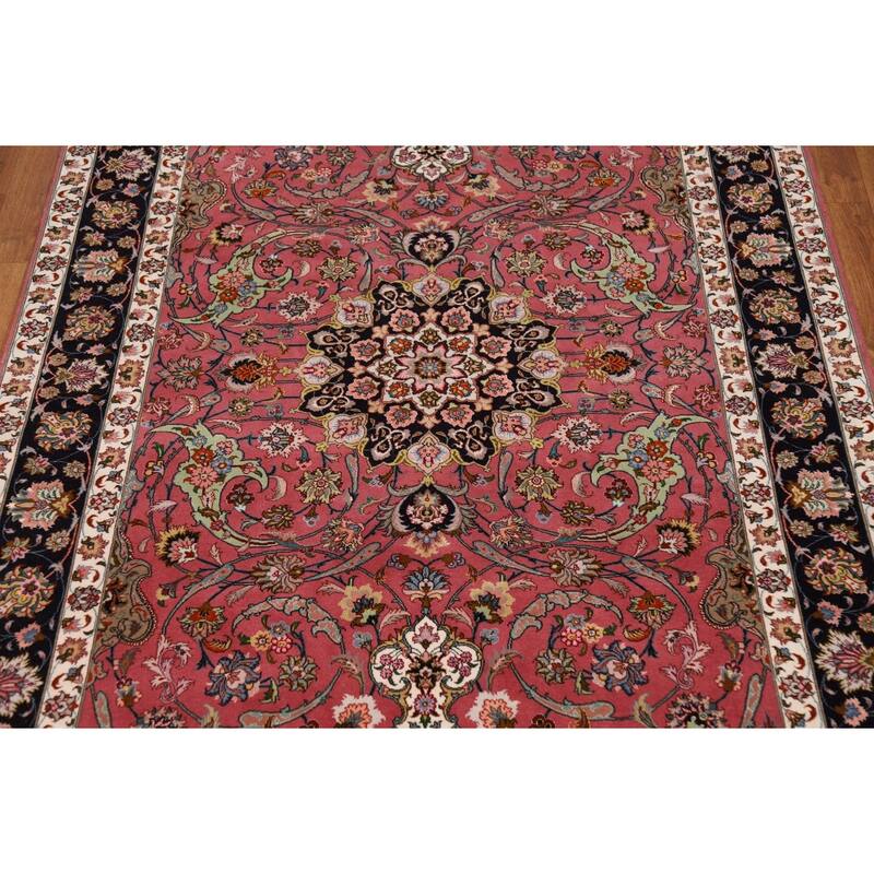 Floral Pink Tabriz Persian Rug Handmade Wool & Silk Carpet - 4'1"x 7'0"
