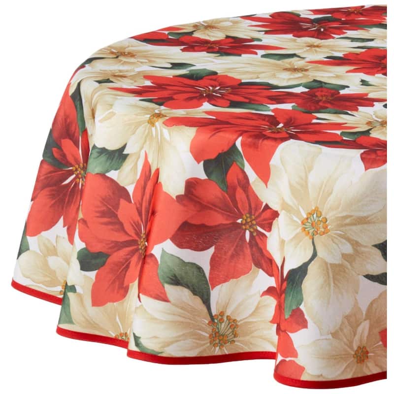 Violet Linen Holiday Christmas Poinsettia Floral Pattern Tablecloth - 60" Round
