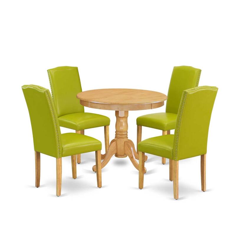 Farmhouse Round Dining Set - 5Pc Table & Chairs, 36" Table, Oak Legs, PU Leather, Autumn Green