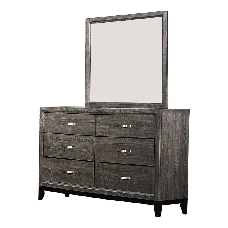 Ameya Four Pc Queen Bedroom Set, Black Metal Base, Dark Gray Wood with Printed Grains