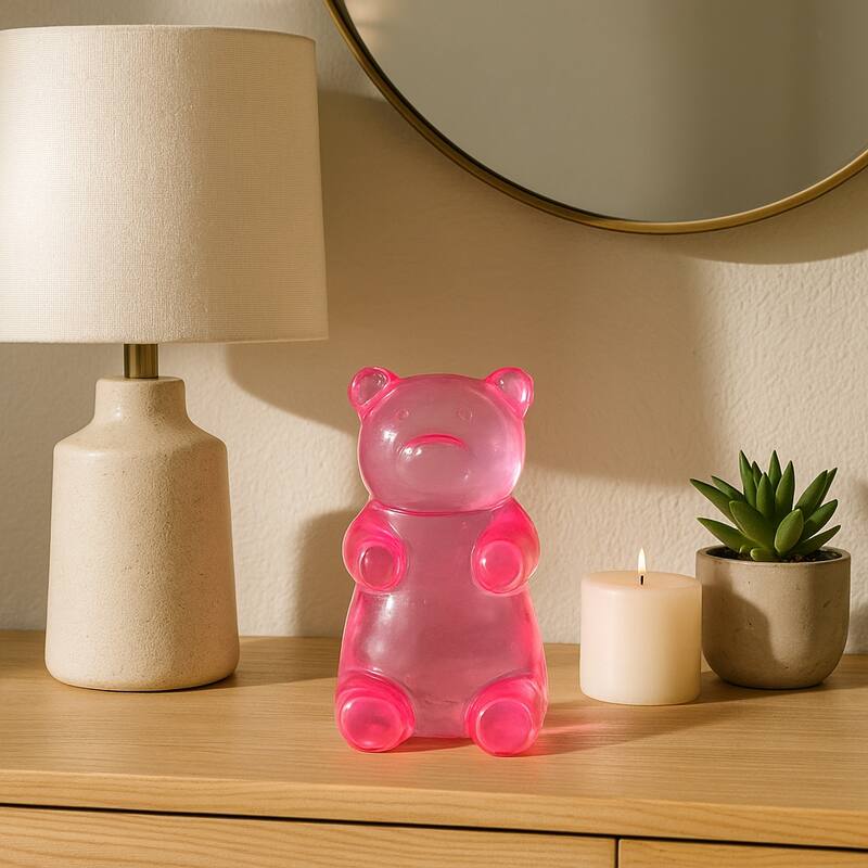 Resin Bear Figurine Boho Decor Bedroom Living Room Office - Pink - 6.75"