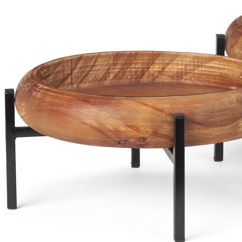 HomeRoots Set of Two Brown Solid Wood Handmade Round Serving Trays With Stands - 14.25 in. x 6.75 in. x 14.25 in.