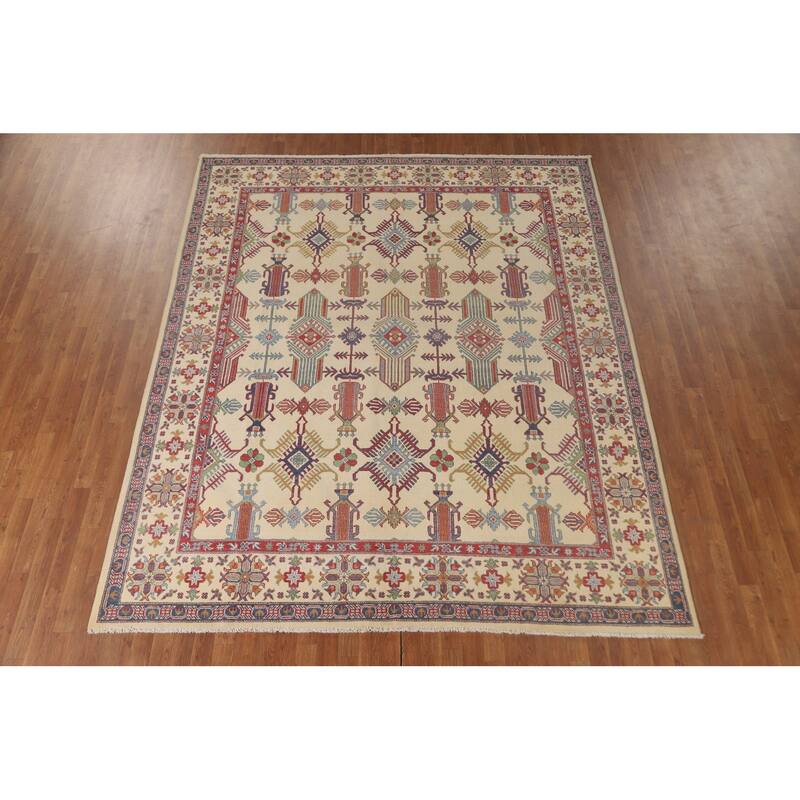 Geometric Beige Kazak Oriental Area Rug Hand-Knotted Wool Carpet - 8'2"x 9'9"