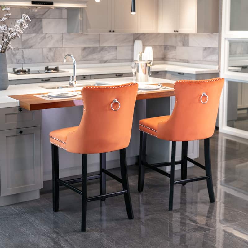 Velvet Bar Chairs Set of 2, Counter Height Bar Stools with Button Decor and Nailhead Trim, Dining Room Chairs with Back