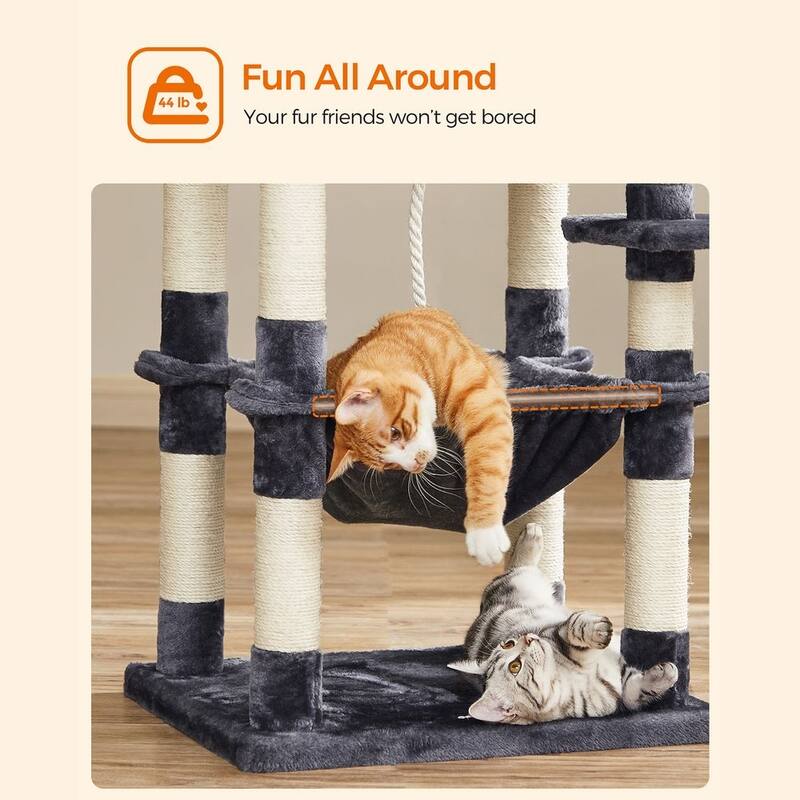 Smoky Grey Multi-Level Cat Tree with Sisal-Covered Scratching Posts Ideal for Indoor Cat