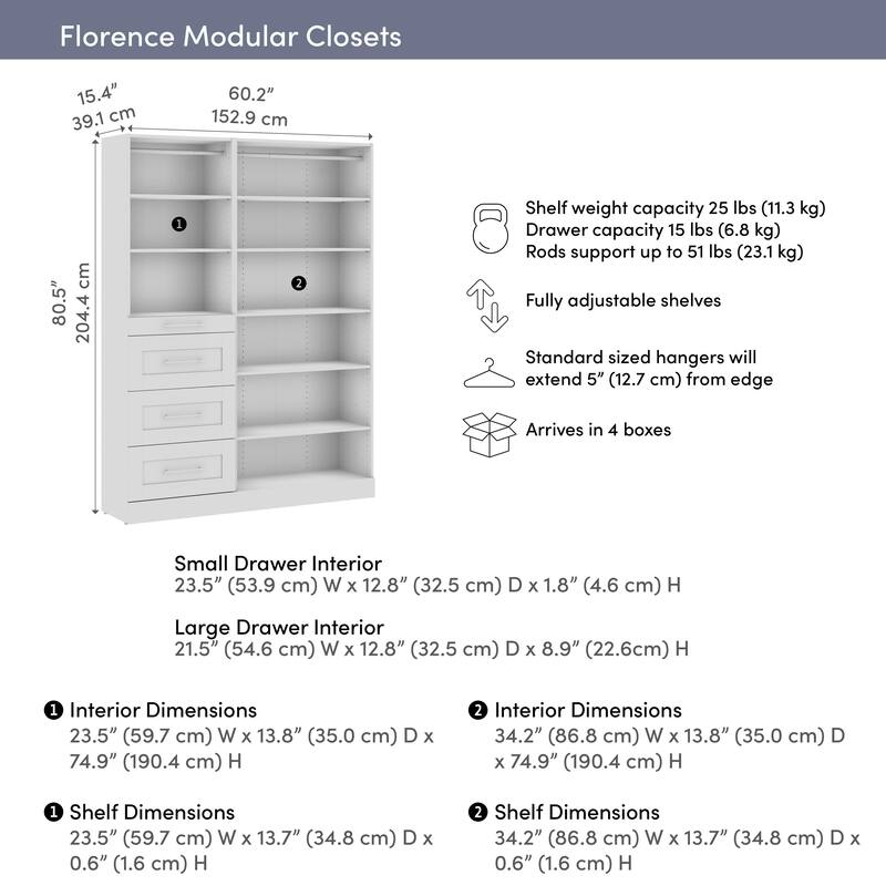 Bestar Florence 61W x 16D Closet System with Drawers, Shaker