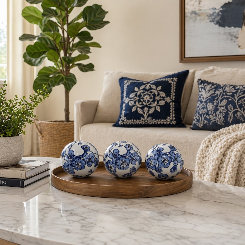 Decorative Round Ceramic Chinoiserie Orbs - Set of 3, 5", Blue & White - 5.0"