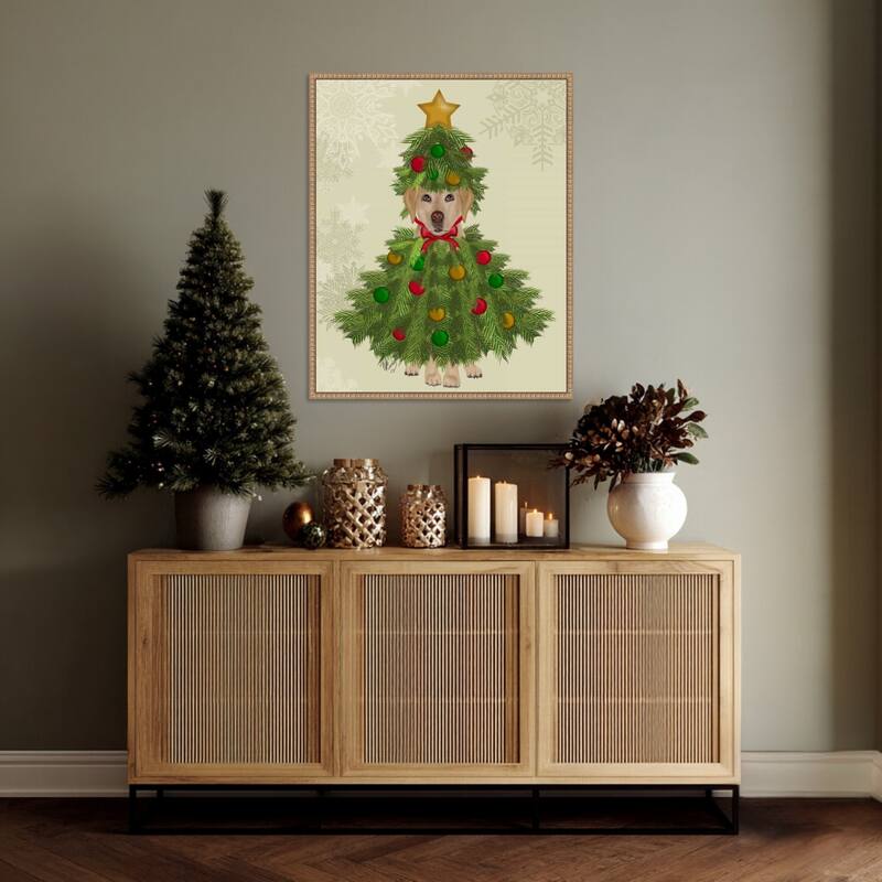 Yellow Labrador Christmas Tree Costume by Fab Funky (23 x 28 in.), Framed Canvas Wall Art Print - Sylvie Beaded Rustic Natural