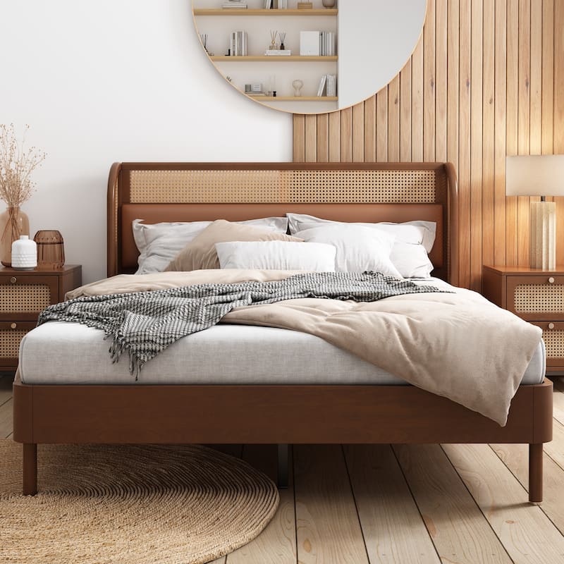Modern Walnut Queen Size Platform Bed with Woven Rattan Headboard and ...