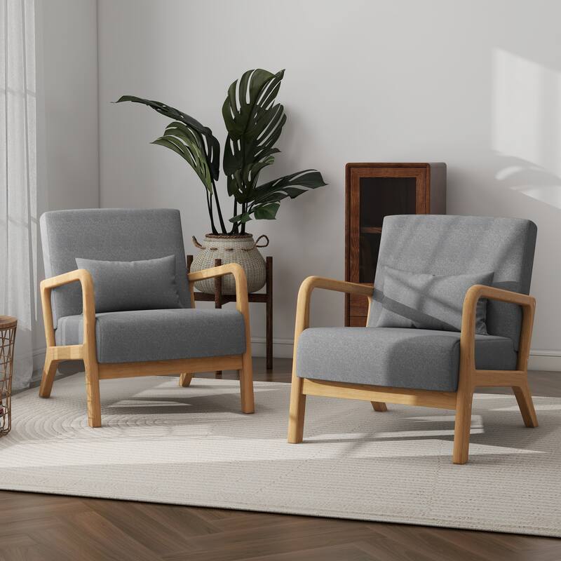 Briston 2 Set Mid Century Modern Wood Accent Chairs with pillow - Linen - Grey-2Pack