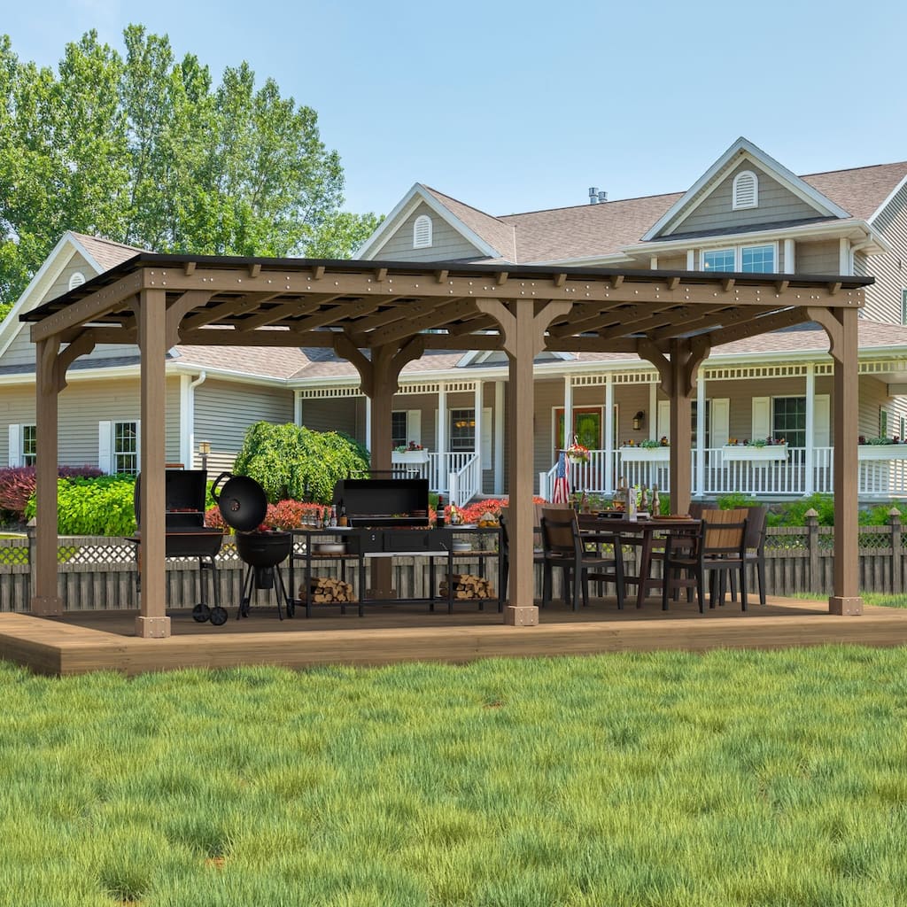 VEIKOUS Wood Frame Grill Gazebo, Patio BBQ Gazebo with Hardtop Metal Roof