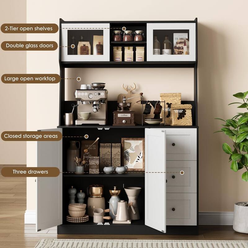67" Tall Kitchen Hutch Storage Cabinet, Farmhosue Coffee Bar Cabinet with 3 Drawers