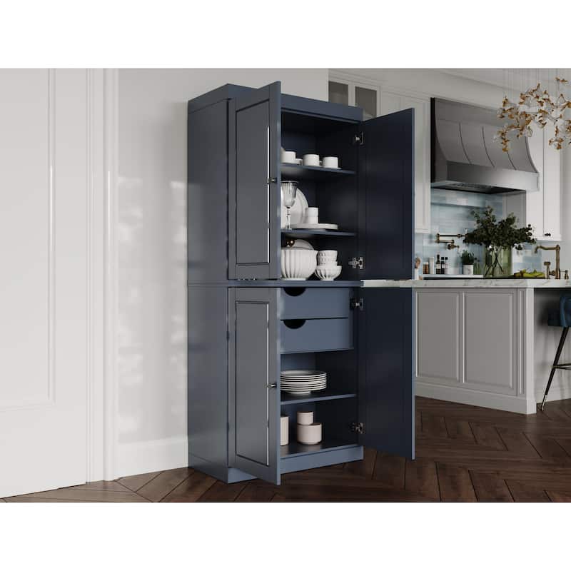 Palace Imports 100% Solid Wood Pantry Cabinet with Frosted, Clear Glass or Solid Doors, 2-Drawers and Adjustable Shelves - Antique Blue - Solid