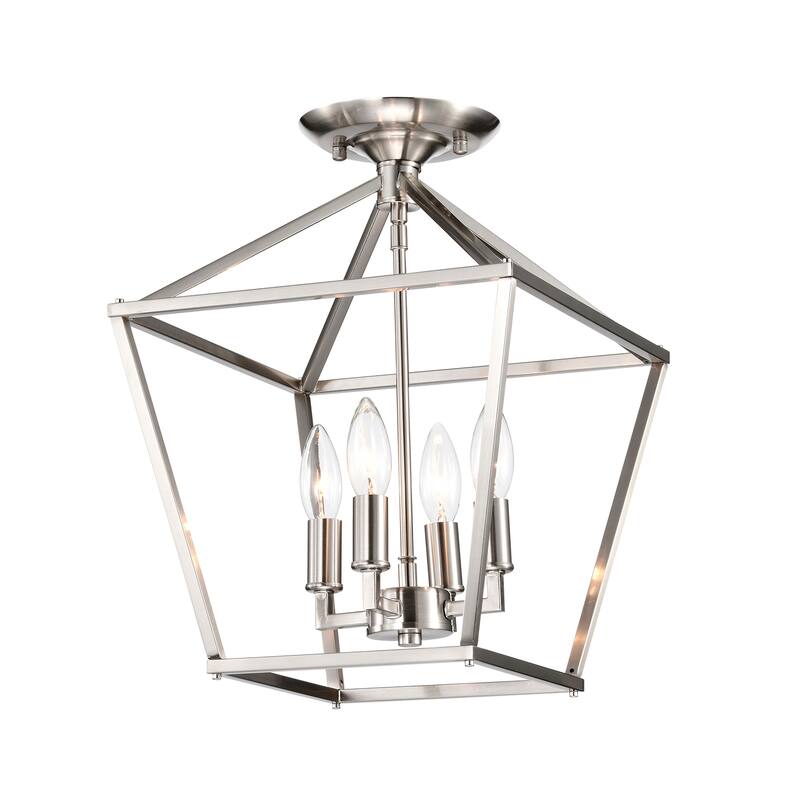 Brushed Nickel 4-Light 12 in. Cage Lantern Farmhouse Semi-flush Mount - Brushed Nickel