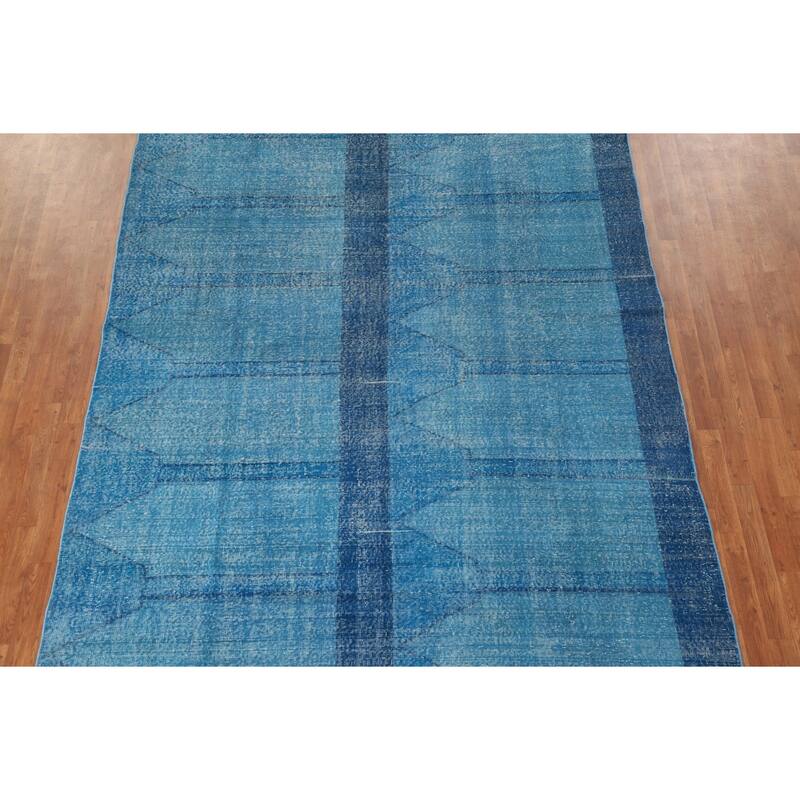 Over-Dyed Blue Anatolian Distressed Vintage Rug Handmade Wool Carpet - 7'10" x 14'0"