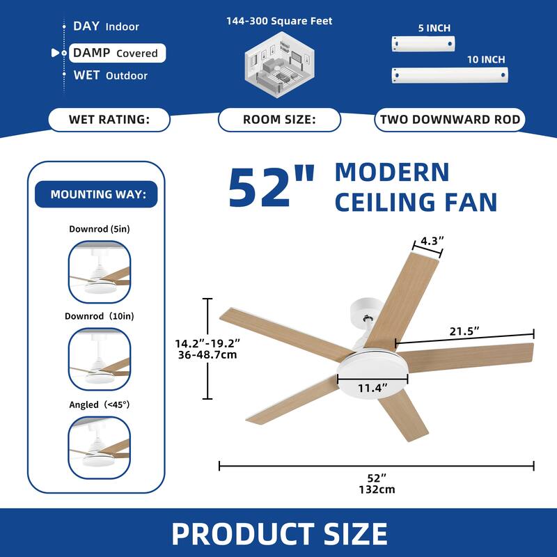 Moasis 52" Ceiling Fans with LED Light and 5 Blades & Remote Control