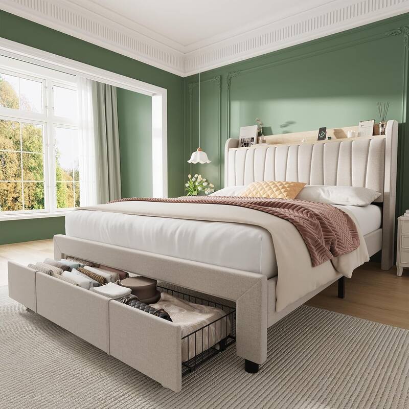 Upholstered Platform Beds with Drawers, Storage Headboard, Charging Station, Beige - Full