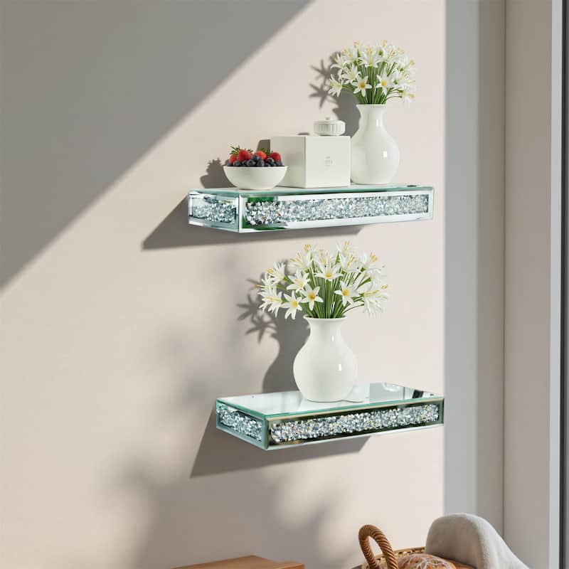 Mirrored Wall Floating Shelf with Crushed Diamonds Inlaid Storage Shelving Unit