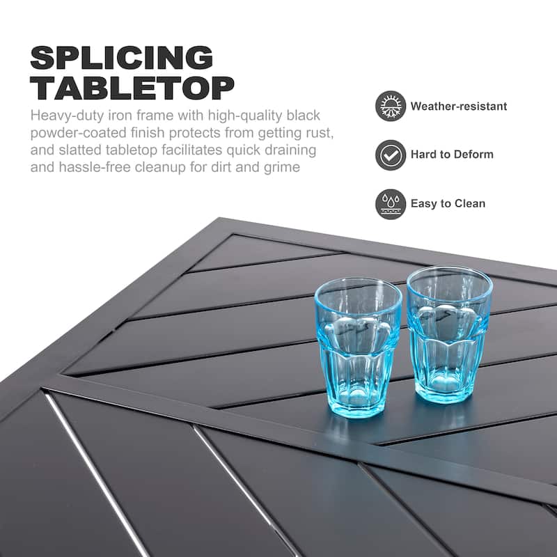 Outdoor Rectangle Iron Dining Table, Splice Tabletop with Umbrella Hole