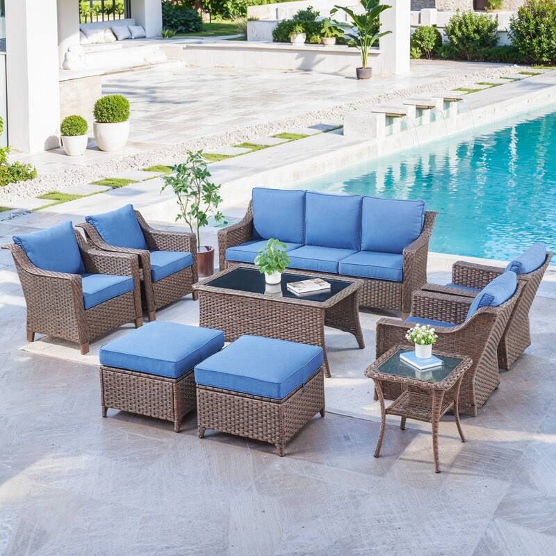 Outdoor Sofa Chair Table & Swive Chail with Ottoman - Blue - Brown