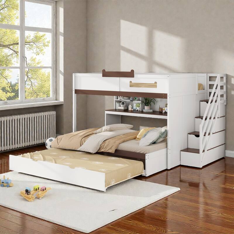 Full Over Full Bunk Bed with Twin Trundle, Staircase Storage Drawers, Shelves and LED Lighting, Kids Bunk Bed