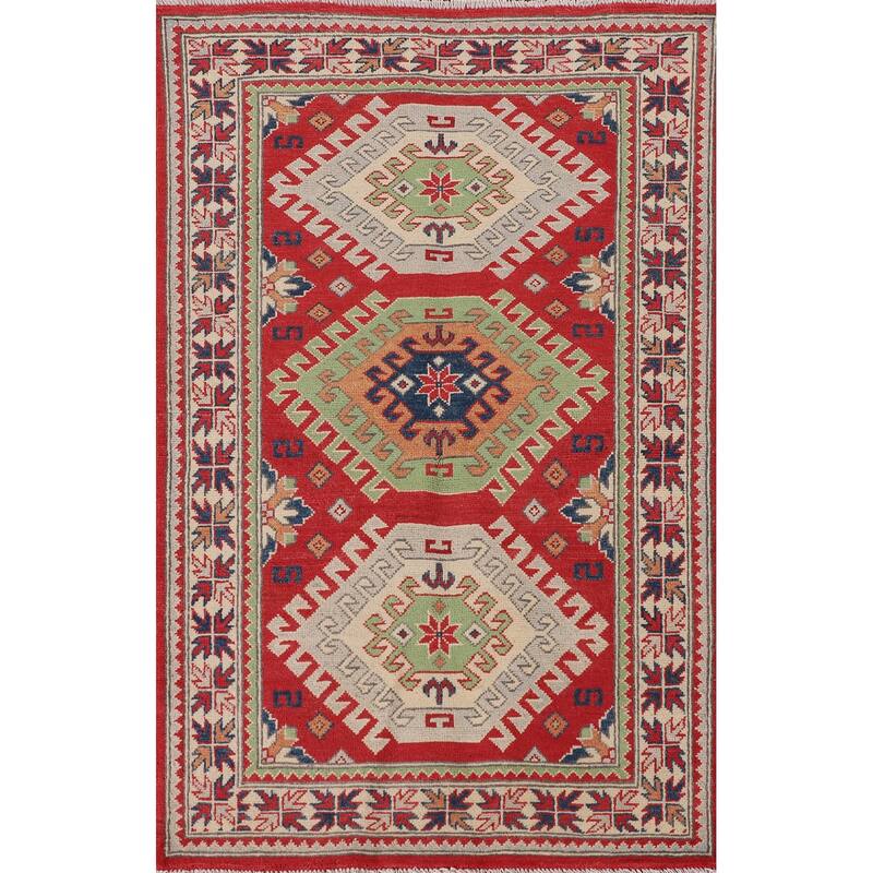 Geometric Kazak Rug Handmade Wool Carpet - 3'2"x 5'0"