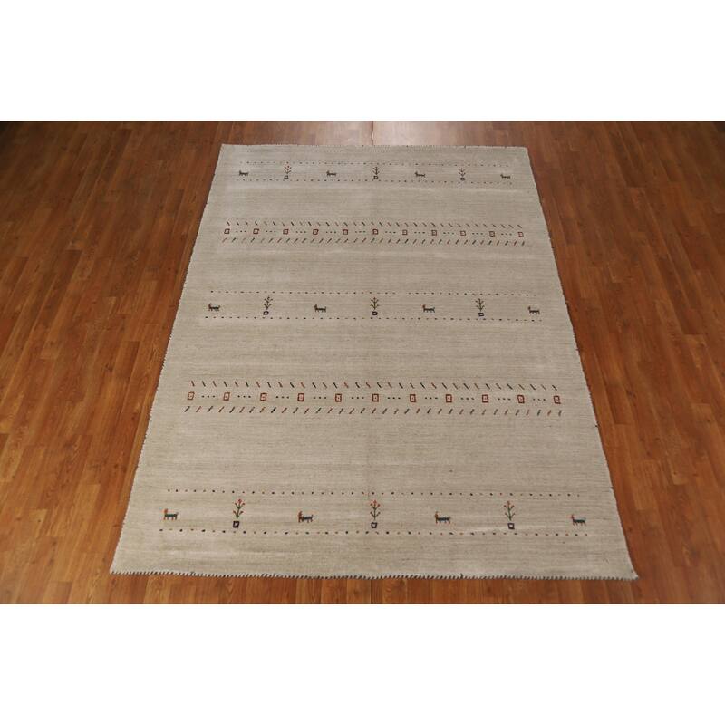 Modern Gabbeh Oriental Area Rug Handmade Beige Wool Carpet - 5'9" x 7'9"