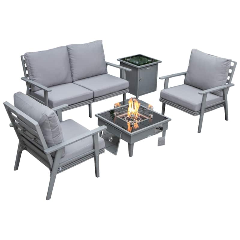 Walbrooke Modern 4-Piece Outdoor Aluminum Frame Patio Furniture Set with Propane Fire Pit Table - Grey