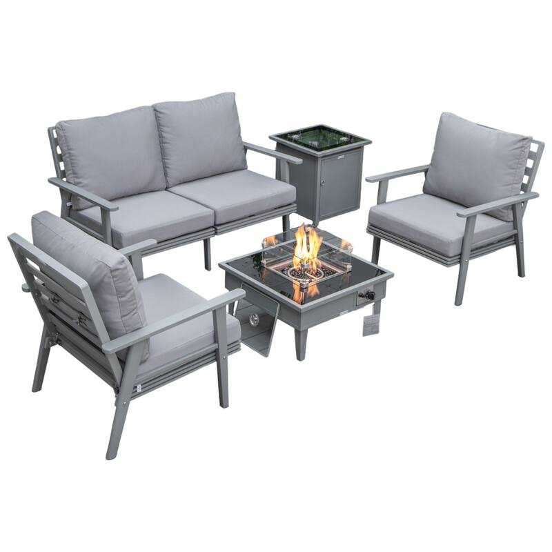 Walbrooke Modern 5-Piece Outdoor Aluminum Frame Patio Furniture Set with Propane Fire Pit Table - Grey