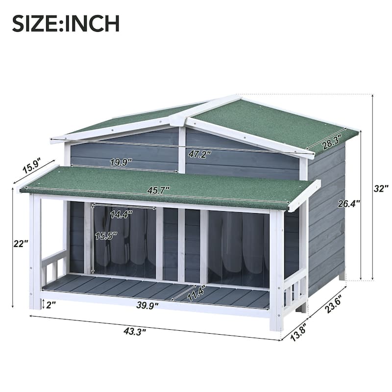 47.2"Large Wooden Dog House Outdoor, Outdoor & Indoor Dog Crate, Cabin Style, With Porch, 2 Doors