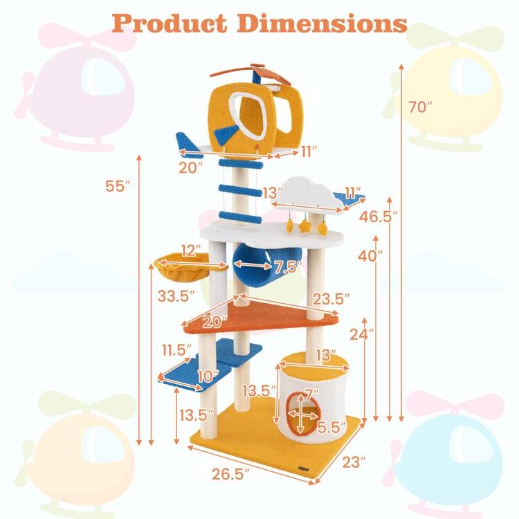 70 Inch Tall Aviation-themed Cat Tree with Helicopter Top Perch and Platforms-Yellow - Multi