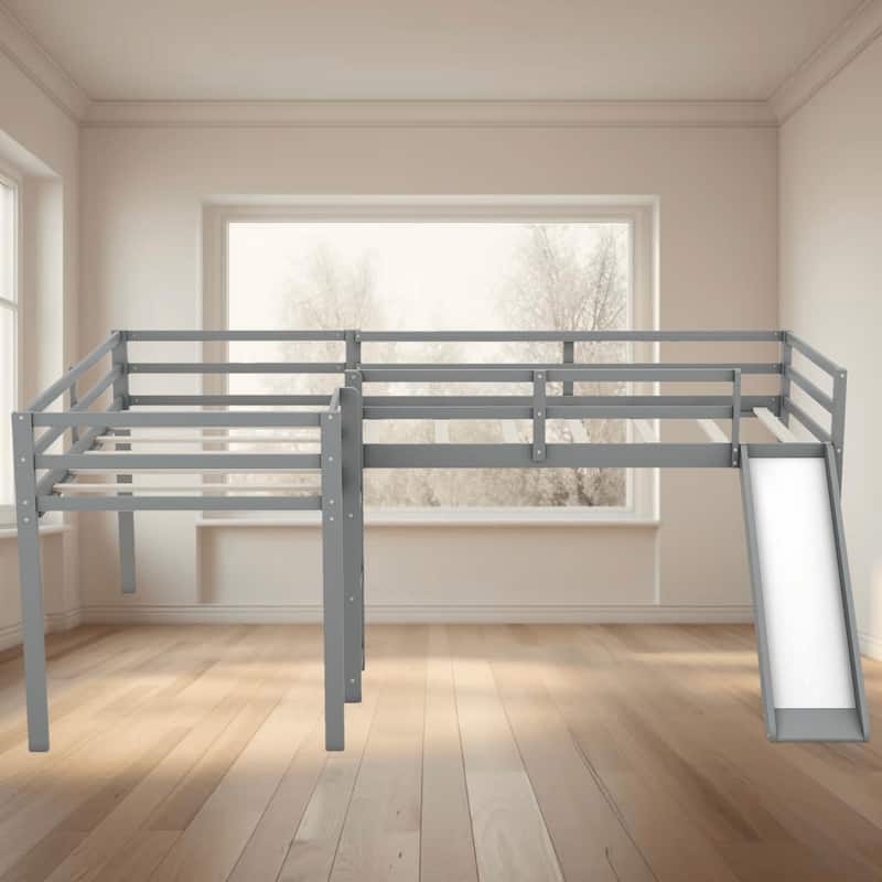 L-Shaped Twin Size Loft Platform Bed Frame with Ladder and Slide, Space-Saving Design with Fun Features for Kids Bedrooms - Grey - Twin