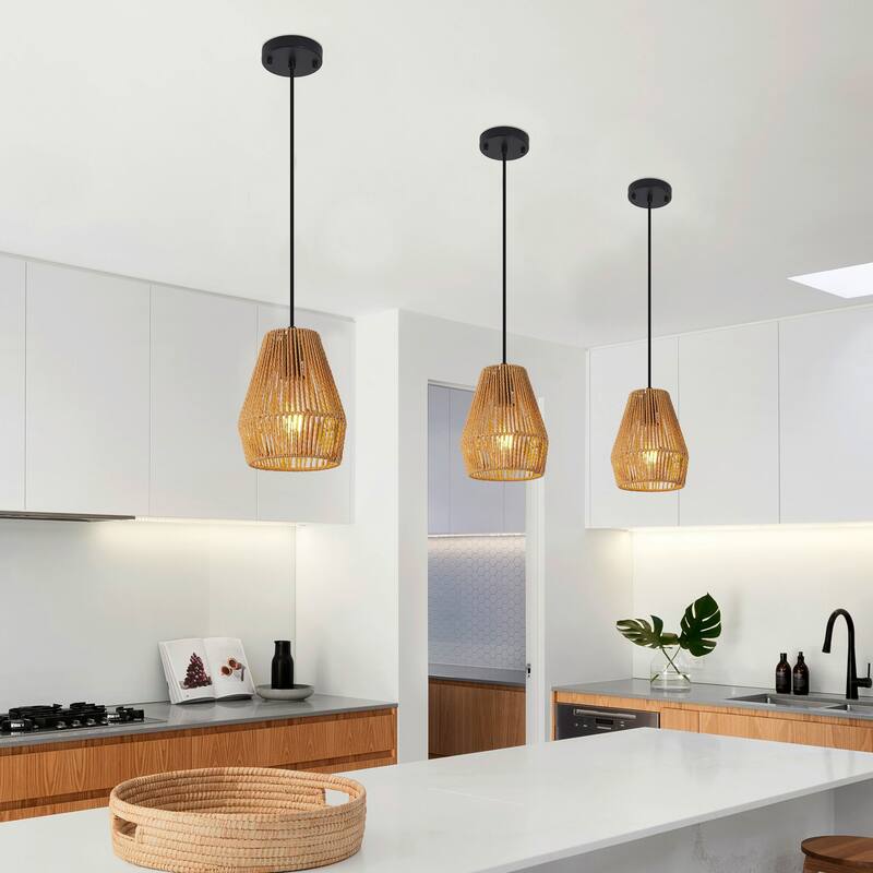 7" Set of 3 Rustic Hemp Rope Pendant Light, Handcrafted Farmhouse Hanging Light Fixture, Adjustable Height Ceiling Lamp - Wood