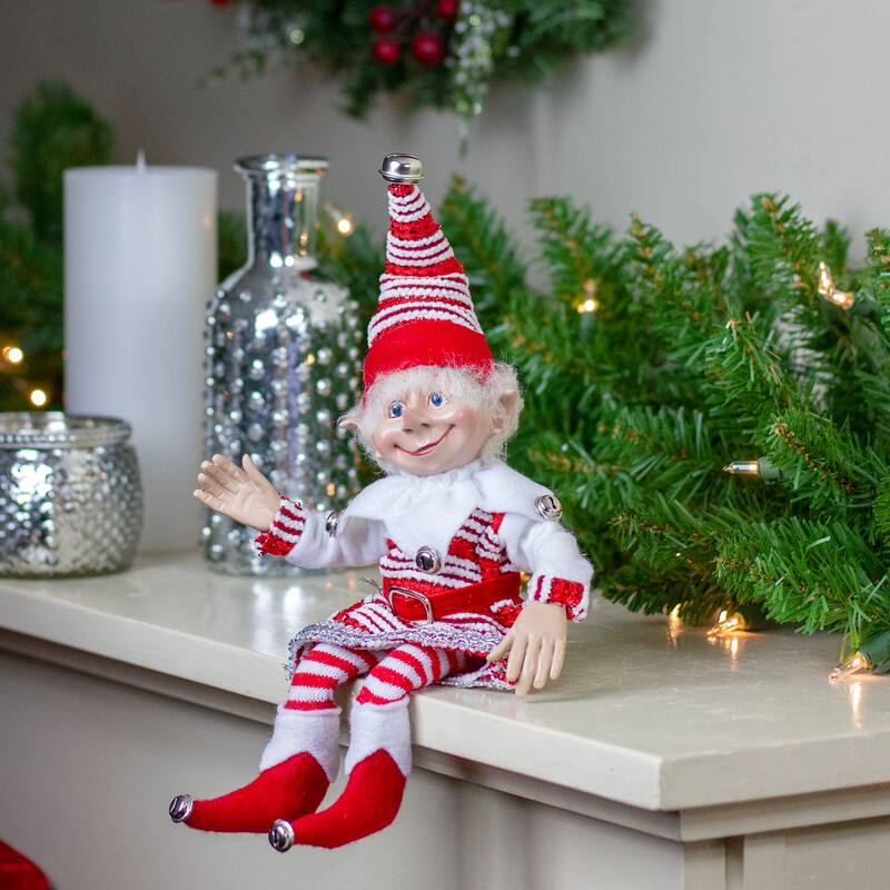 13" Red and White Peppermint Striped Elf with Jingle Bells