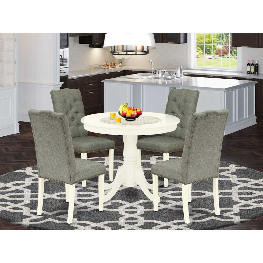 HomeStock 5-Piece Round Linen White Finish Solid Wood Top Dining Table with 4-Parson Chair with Lattice Back