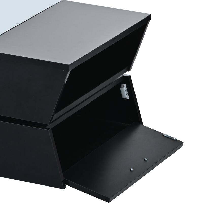Roomfitters Glass-Top Coffee Table with Open Shelves and Cabinets, Modern 2-Tier Center Table with Storage for Living Room
