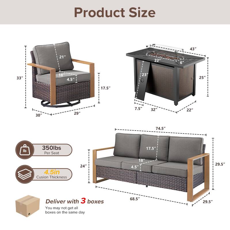 Meyreso Wicker Outdoor Patio Metal Fire Pit Set with Swivel Gliders & 4.5" Olefin Cushions